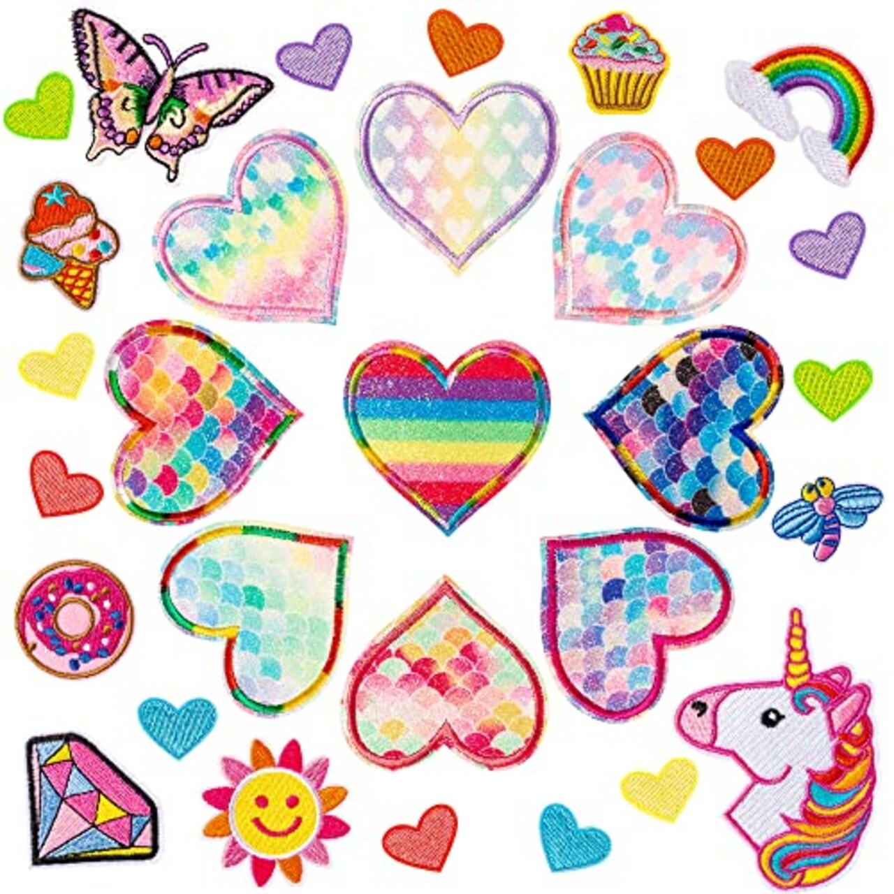 30Pcs Heart Shape Iron on Patches, Colorful Kids Iron on Knee Patches  Fashion Girl Embroidered Patches Sew on Embroidered Applique DIY Accessory  for Backpack Clothes Dress Pants Hats Jeans
